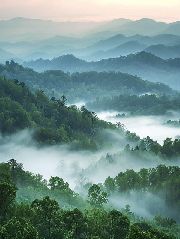 fog covers the trees and mountains in this valley