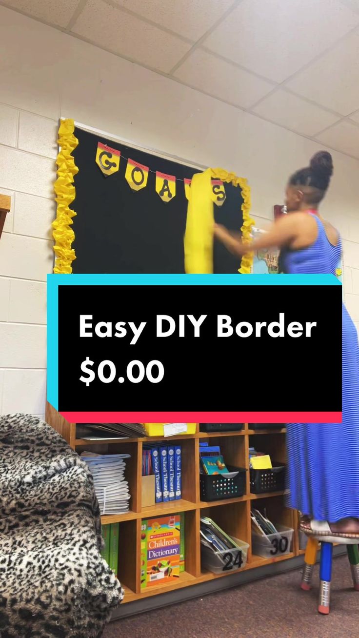 a woman standing in front of a blackboard with the words easy diy border $ 0 00