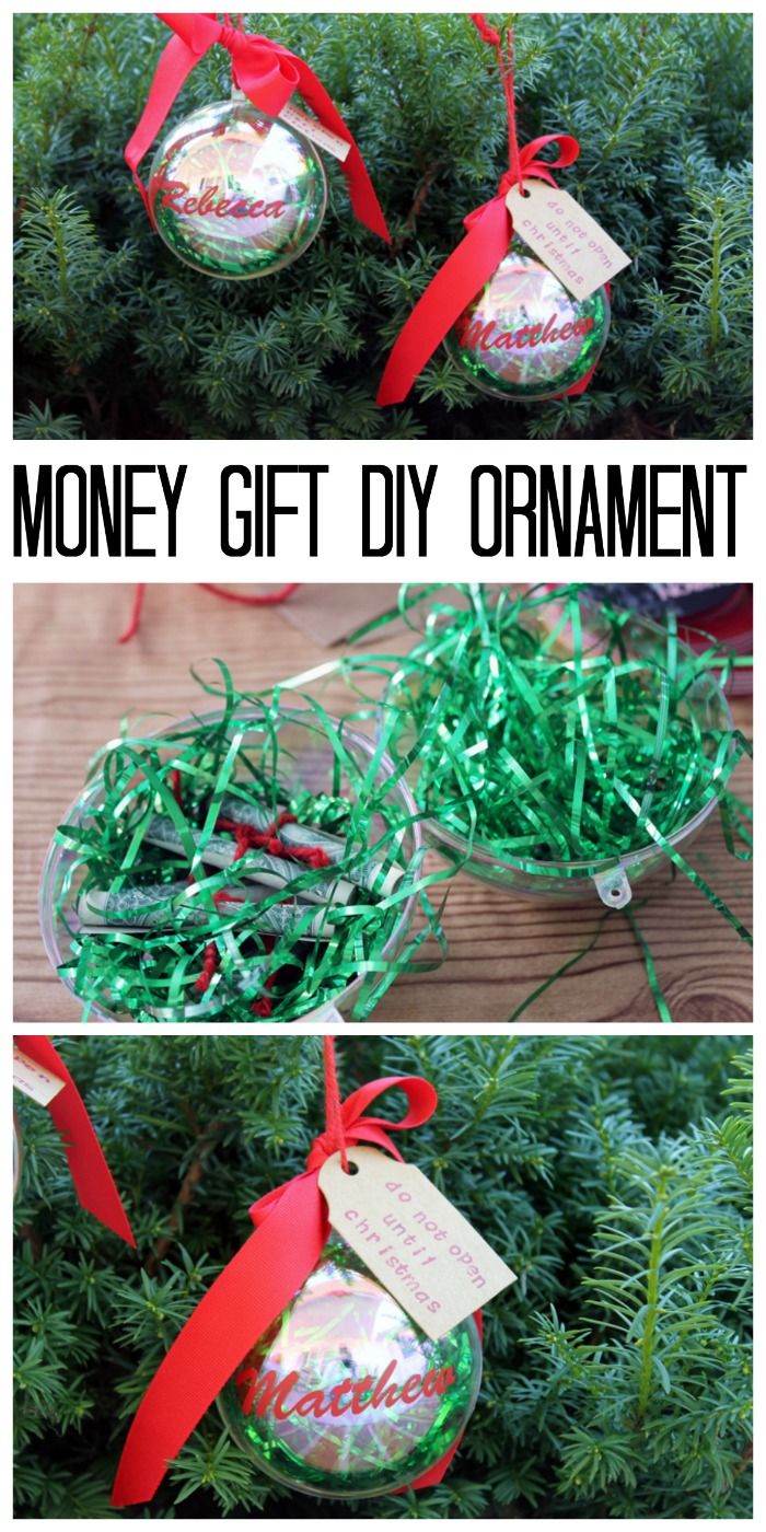 christmas ornaments made out of paper and ribbon are shown in three different ways, with the words money gift diy ornament on them