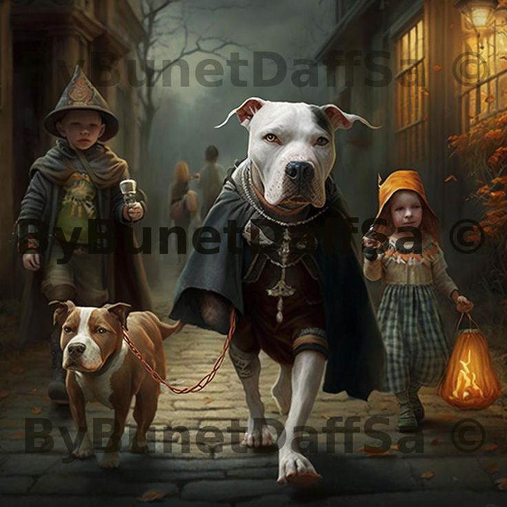 a painting of two children and a dog walking down a street at night with an old - fashioned halloween scene in the background