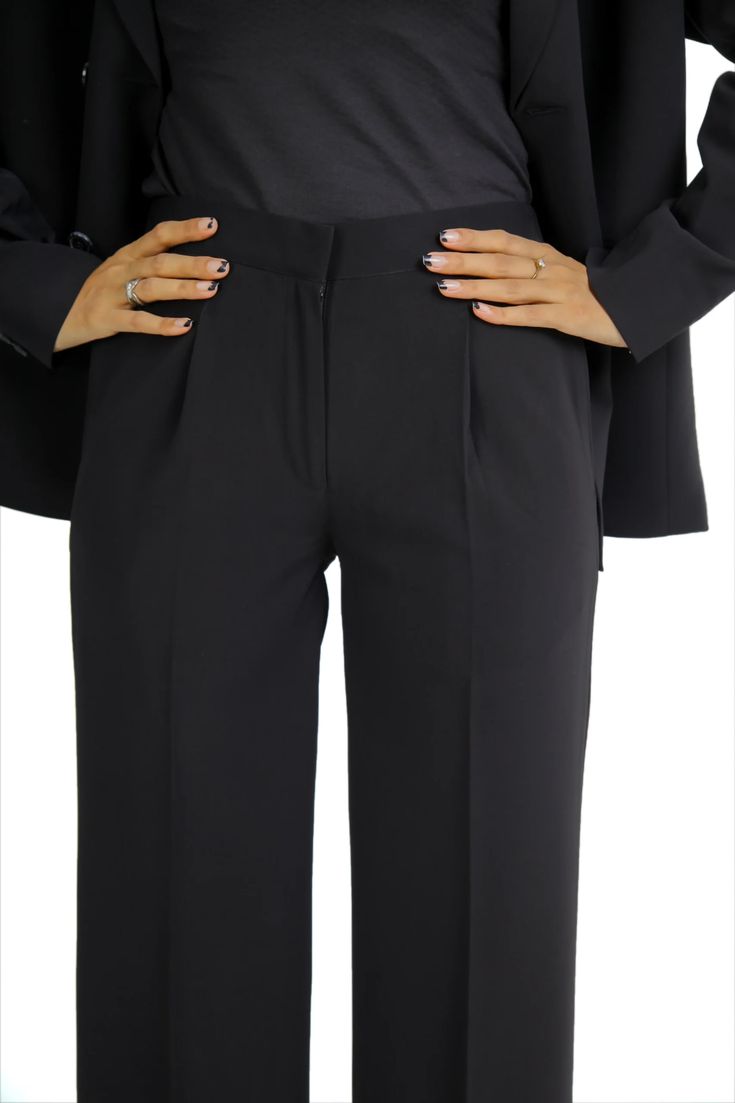 Double Breasted Black Suit For Women
Embrace classic sophistication with this Women’s Black Double Breasted Regular Fit Suit, perfect for professional and formal settings. The sleek double-breasted design and tailored fit offer a flattering silhouette, ensuring both comfort and style throughout the day. Whether paired with heels for a chic office look or styled with statement accessories for evening events, this versatile suit is a must-have addition to any wardrobe. Elegant Semi-formal Pantsuit With Pressed Crease, Classic Structured Pantsuit With Pressed Crease, Formal Structured Pantsuit With Pressed Crease, Solid Color Business Suits For Office, Sleek Notched Suits For Business, Classic Suits With Hidden Button Closure For Career, Elegant Flat Front Business Pants, Classic Structured Formal Pantsuit, Elegant Formal Dress Pants With Flat Front