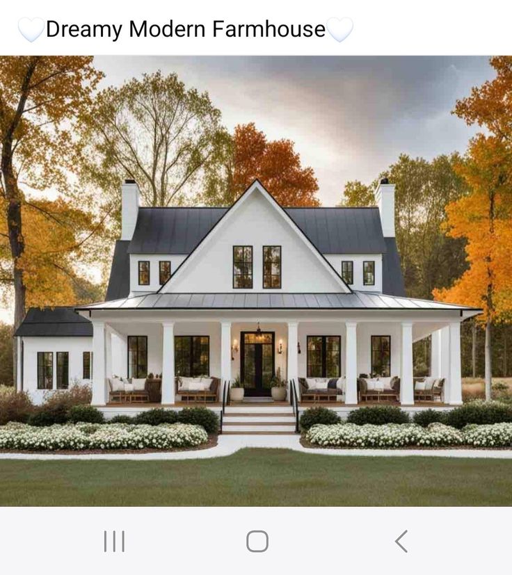 an image of a white house in the middle of trees and grass with text overlay that reads, dream modern farmhouse