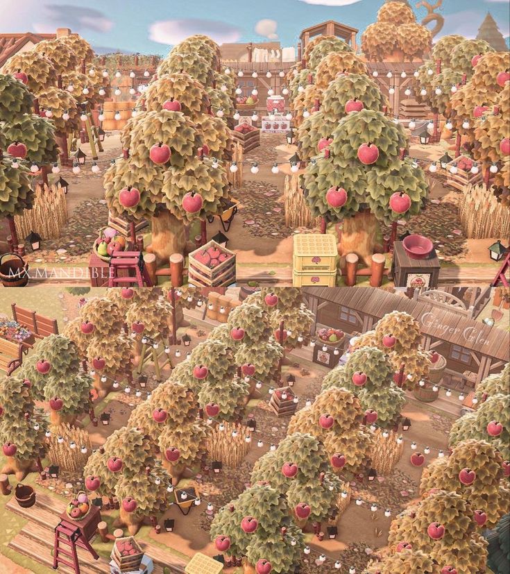 a painting of people sitting on benches in the middle of an apple - filled park