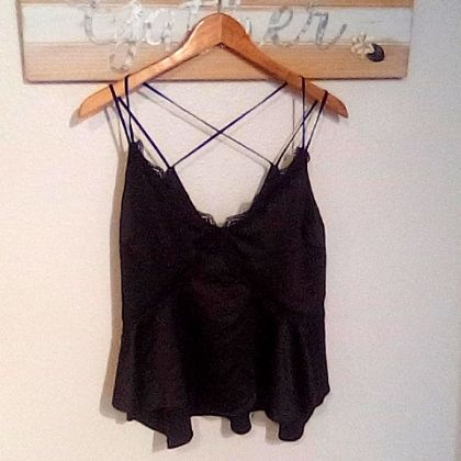 Gorgeous Camisole Like Lace Embellished Top W/ Back Criss Cross Straps. Brand New W/Tag. Love Just Too Small For Me Darn Black V-neck Top With Delicate Straps, Flirty Sleeveless Camisole For Date Night, Flirty Cami Tank Top For Date Night, Flirty Cami Lace Top, Flirty Lace Cami Top, Lace Top Camisole With Spaghetti Straps For Night Out, Flirty Cami Top With Built-in Bra, Flirty Camisole Tank Top For Date Night, Evening Tops With Delicate Straps And V-neck