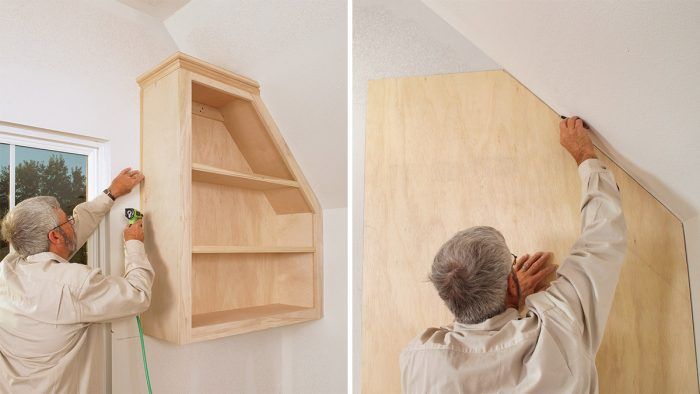 two pictures of a man working on a book shelf