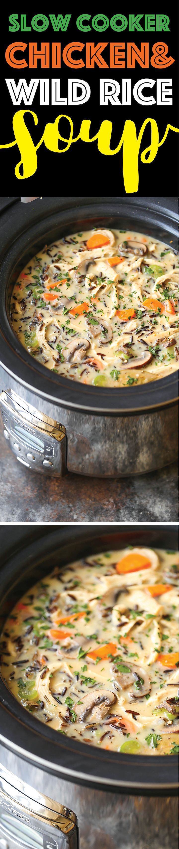 two pictures show how to make slow cooker chicken and wild rice casserole