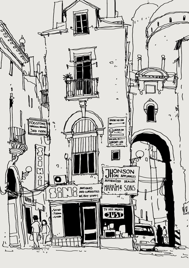 a black and white drawing of a building with people walking around it in the street