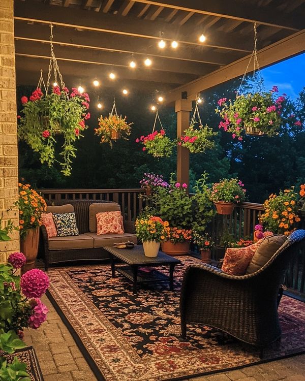 an outdoor living area with hanging plants and flowers