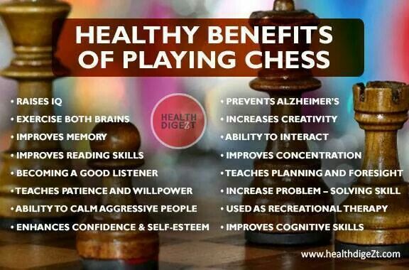 a chess board with the words healthy benefits of playing chess on it, and an image of