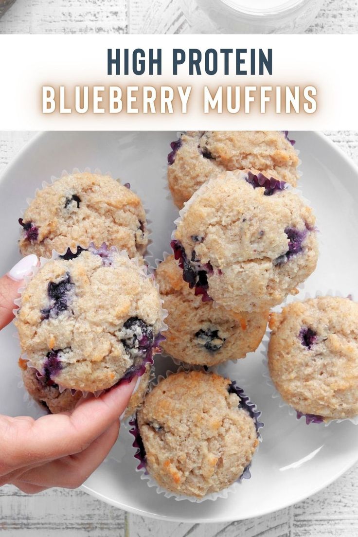 blueberry muffins on a white plate with text overlay that reads high protein blueberry muffins