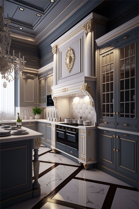 a large kitchen with marble flooring and blue cabinets, chandelier above the stove