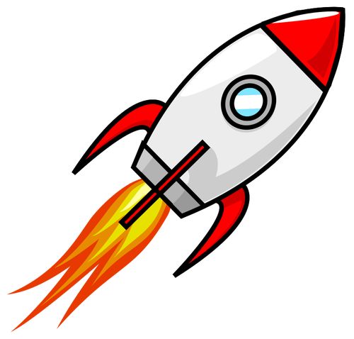 a red and white rocket ship flying through the air with its light blue eyes on it's side