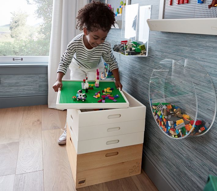 LEGO® Storage Build and Stack | Pottery Barn Kids Organizing Lego Sets, Lego Duplo Storage, Lego Desk With Storage, Storage Wall Systems, Lego Rooms For Boys, Duplo Storage, Toy Storage Wall, Boy Toy Organization, Lego Kids Room