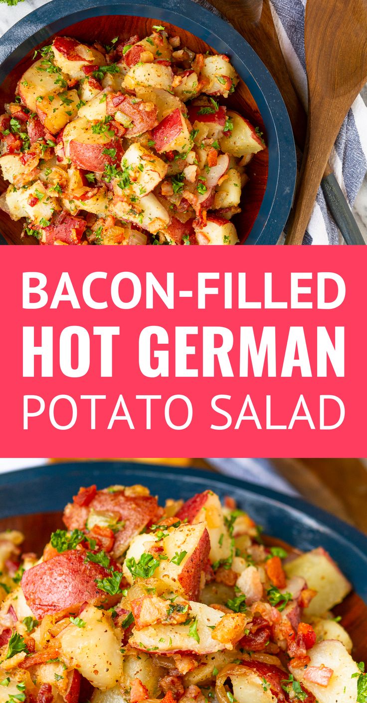 bacon - filled hot german potato salad in a blue bowl