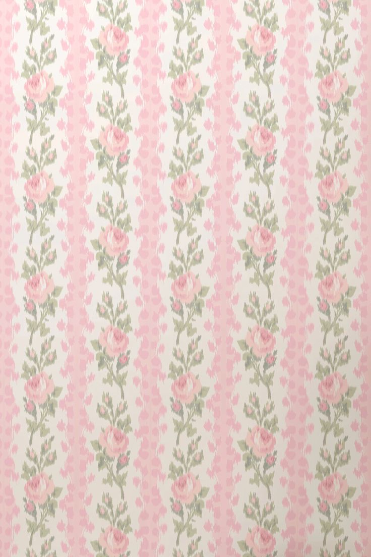 a pink and green striped wallpaper with flowers on it