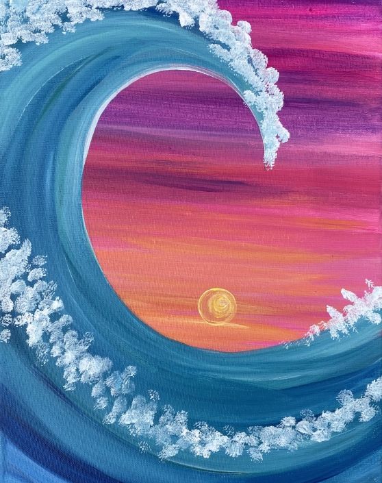 an acrylic painting of a wave in the ocean with sun and clouds above it