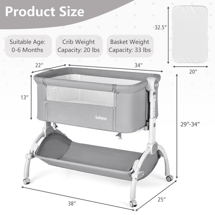 the product is shown with measurements for the baby's crib and changing table