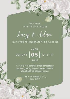 an elegant wedding card with white flowers and greenery on the front, in green