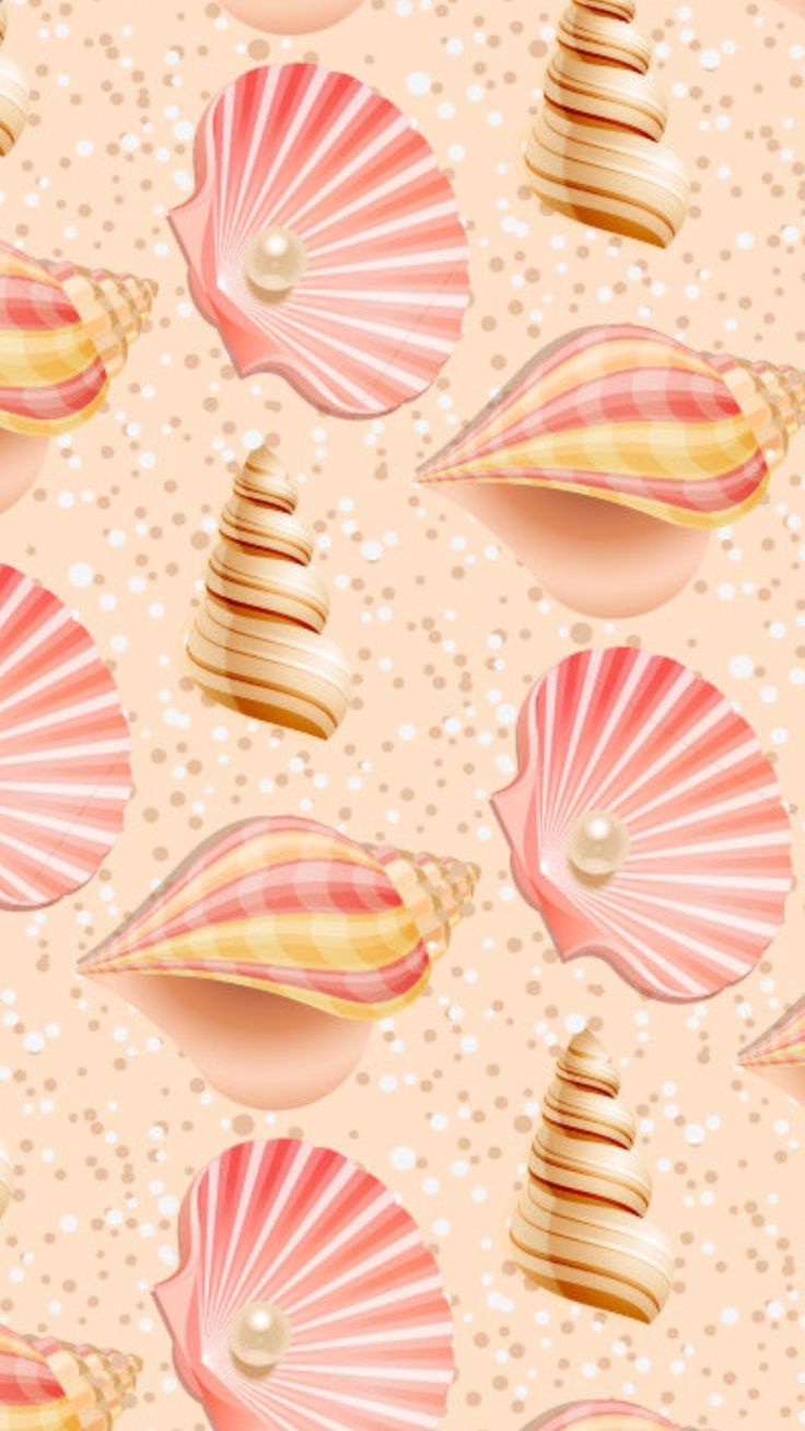 an image of seashells and pearls on a pink background with polka dotes