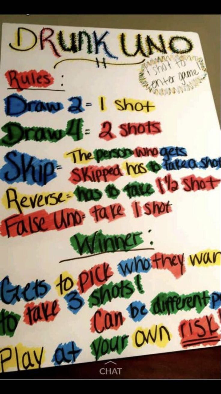 a poster with words written on it that say drunk unos and draw 2 shots