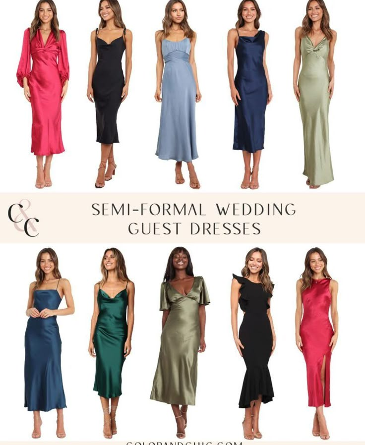 six different types of formal wedding guest dresses for the bride and groom to wear in their own colors