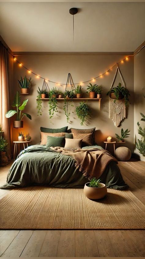 a bedroom with plants and lights on the wall