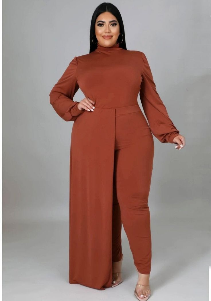 Two piece set, stretch bodysuit, round neckline, Long sleeves, Long side train, Zipper closure High waisted pants, Elastic waistband, No closure, 95% polyester, 5% spande, Great stretch, Inseam is 31 inches, Plus Size model is wearing a 2X Plus model stats Height: 5.6"Bust:45" / Waist:36" / Hips:54" Plus Size Pant Suits, Nice Jumpsuits, Being Myself, Plus Size Baddie Outfits, Plus Model, Plus Size Party Dresses, Plus Size Models, Beauty Standards, Fashion Industry