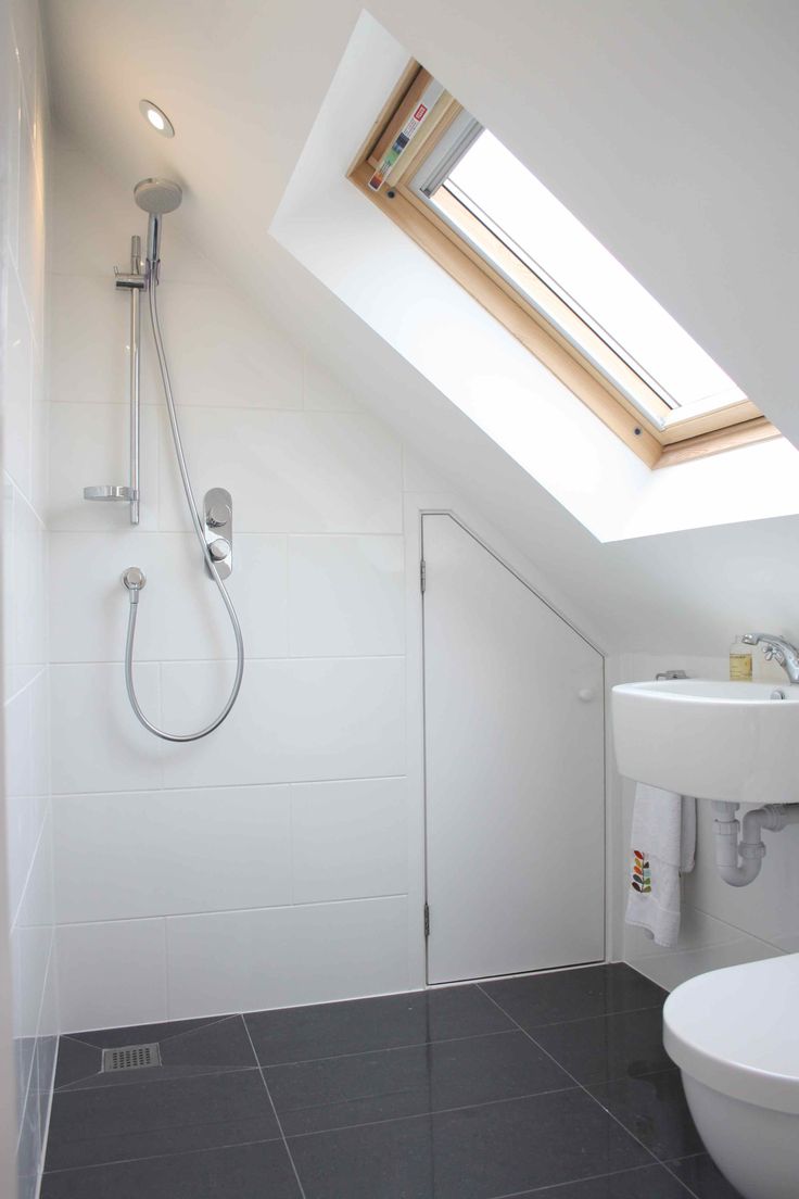 a bathroom with a skylight and white walls