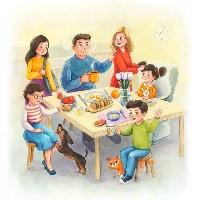 a family sitting around a table with food and drinks on it while the child is eating