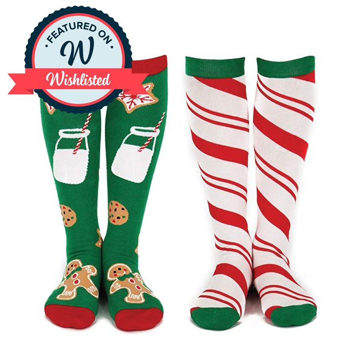 Buy On Amazon Cute Christmas socks are always a win around the holidays, especially this 2 pack of knee highs! Made with a premium cotton blend that gently hugs the legs and feet, these socks are designed to keep you warm and cozy, whether you're on the couch, baking cookies for Santa or opening presents. One pair features gingerbread cookies, chocolate chip cookies and milk, while the other pair features candy cane stripes. It's the perfect combo for someone one who truly appreciates the sweetn Playful Christmas Socks For Stocking Stuffers, Christmas Knee-high Socks For Stocking Stuffer, Fitted Winter Socks For Gift, Candy Cane Stripes, High Knees, Knee High Socks, Christmas Socks, High Socks, Gingerbread Cookies