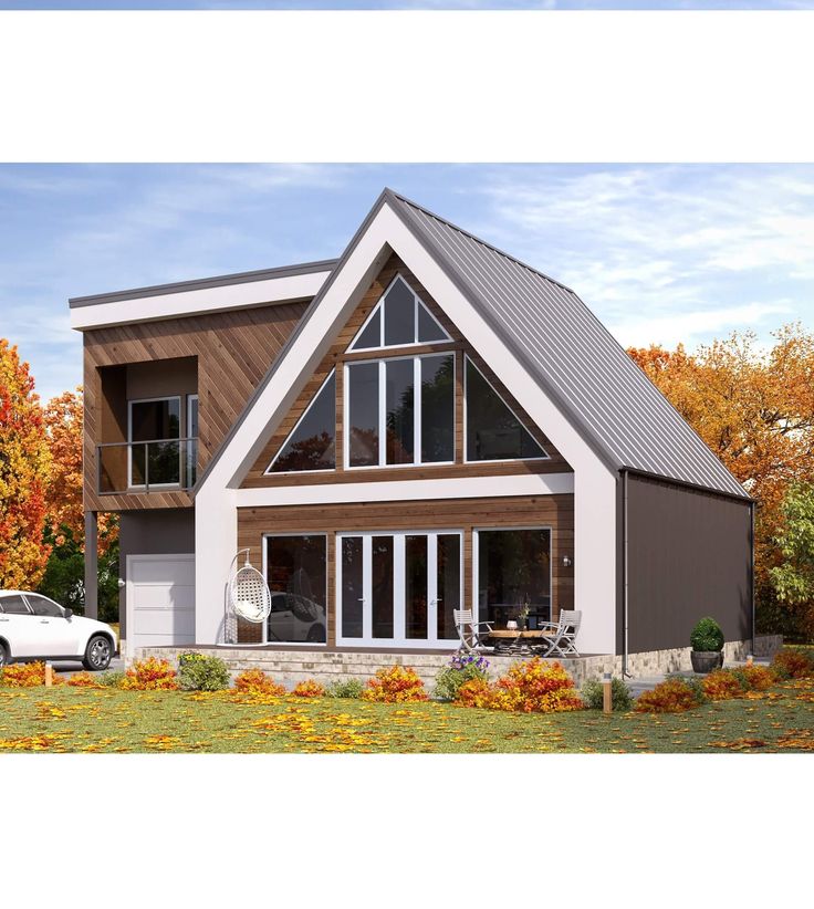 this is an artist's rendering of a house in the fall with autumn foliage