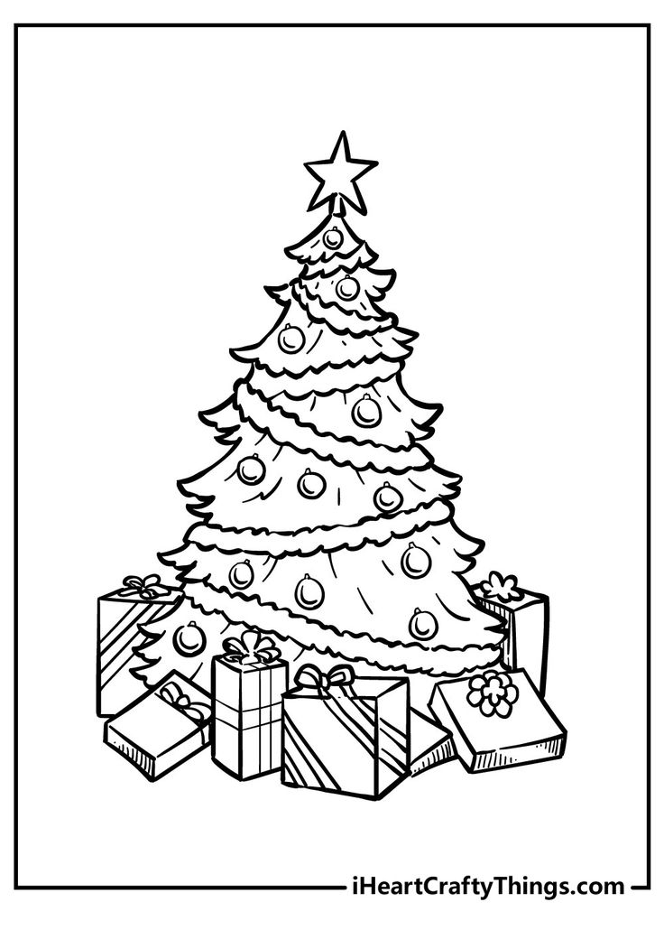 a christmas tree with presents under it and the words merry written in black ink on white paper