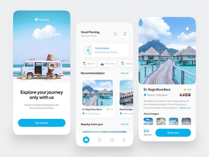 three mobile app screens showing travel destinations on the screen and an image of a van parked in front of them