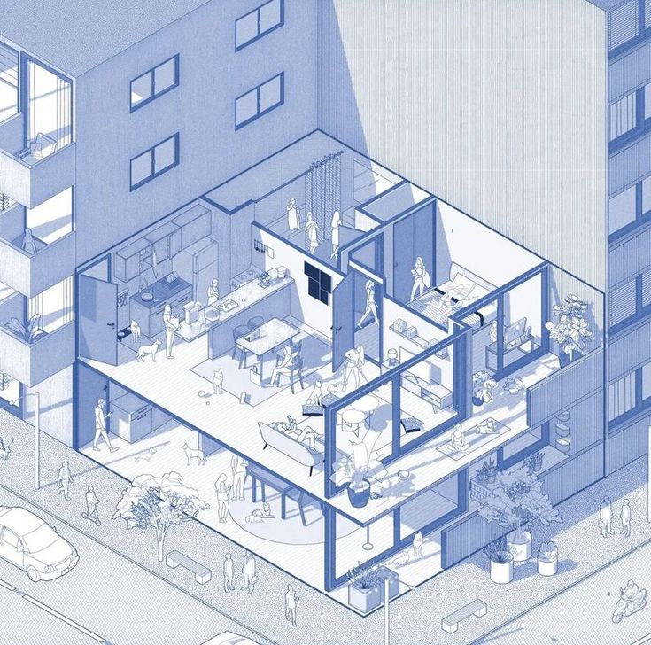 an aerial view of a building with people walking around the room and on the ground