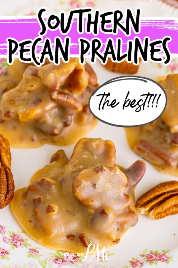 the best southern pecan pralies recipe is on a plate with pecans