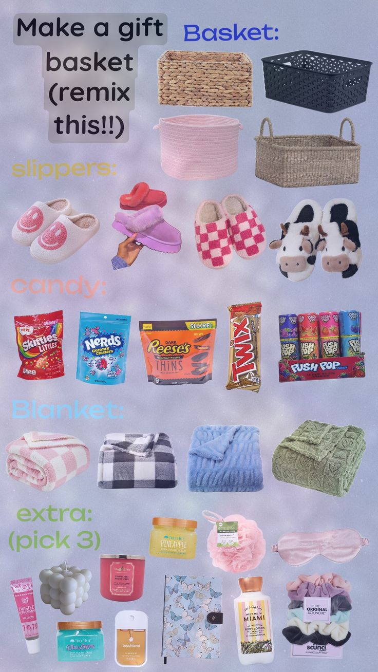 a poster with various items that include shoes, towels and other things to make a gift basket