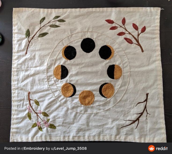 a white table cloth with black and brown circles on it, surrounded by other items