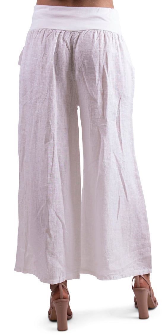 This comfy wide-leg linen pant comes with a stretch waistband for custom fit and beautiful front pocket details to add style. 100% Linen Model is 5'8 One Size Made in Italy Spring Full-length Linen Bottoms, White Linen Full-length Bottoms, Linen Full-length Pants For Spring, Wide Leg Linen Bottoms For Spring, Cotton Wide Leg Pants With Pull-on Style, Casual White Linen Wide Leg Pants, Relaxed Fit Full Length Linen Bottoms, Relaxed Fit Full-length Linen Bottoms, Relaxed Fit Linen Bottoms Full Length