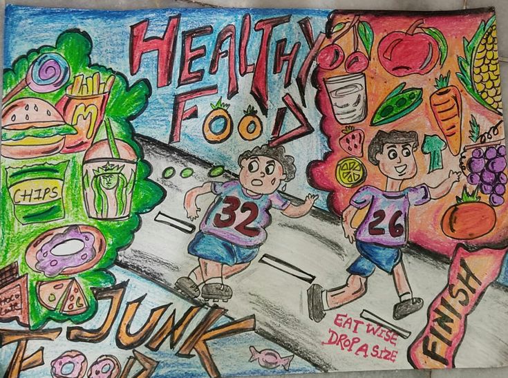 a child's drawing of two kids running in front of a sign that says healthy food