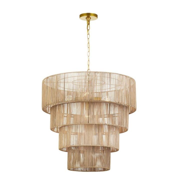 a chandelier made out of bamboo sticks and hanging from a gold ceiling fixture