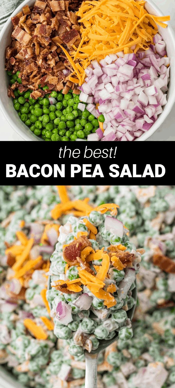 bacon pea salad in a bowl with the title text above it and an image of peas,