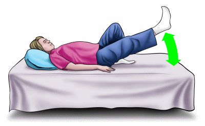 a woman laying on top of a bed with an arrow pointing to her right side