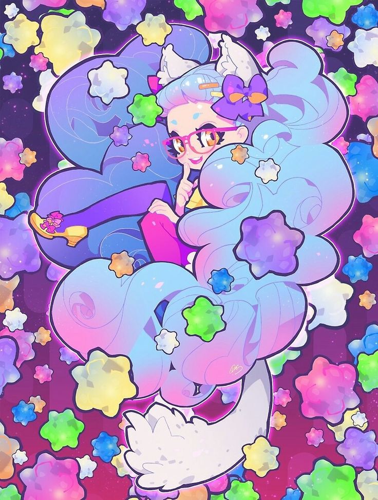 an image of a cartoon character with stars and clouds in the background, as if she is