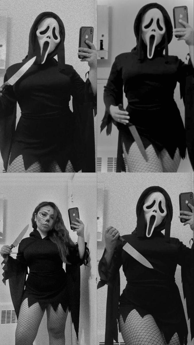 four pictures of a woman dressed as a ghost holding a cell phone and taking a selfie