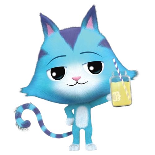 a blue cat holding a glass with a straw in it