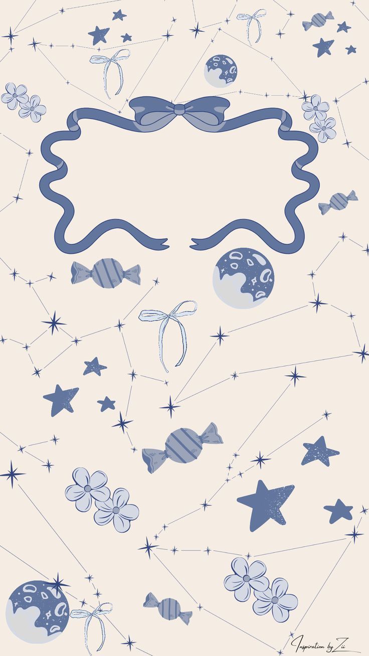 an abstract blue and white background with stars, circles, and swirls on it