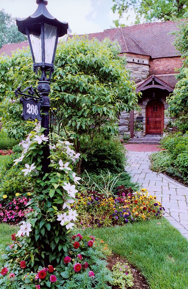 a lamp post with flowers growing around it