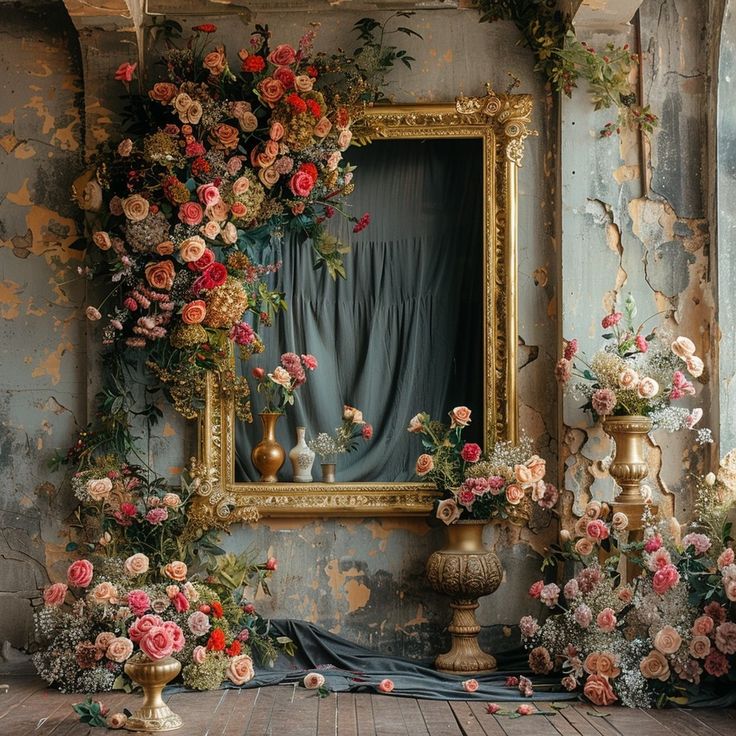 there are many flowers in vases on the floor next to an old wall with a mirror