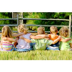 a group of children sitting on top of each other in front of a wooden fence