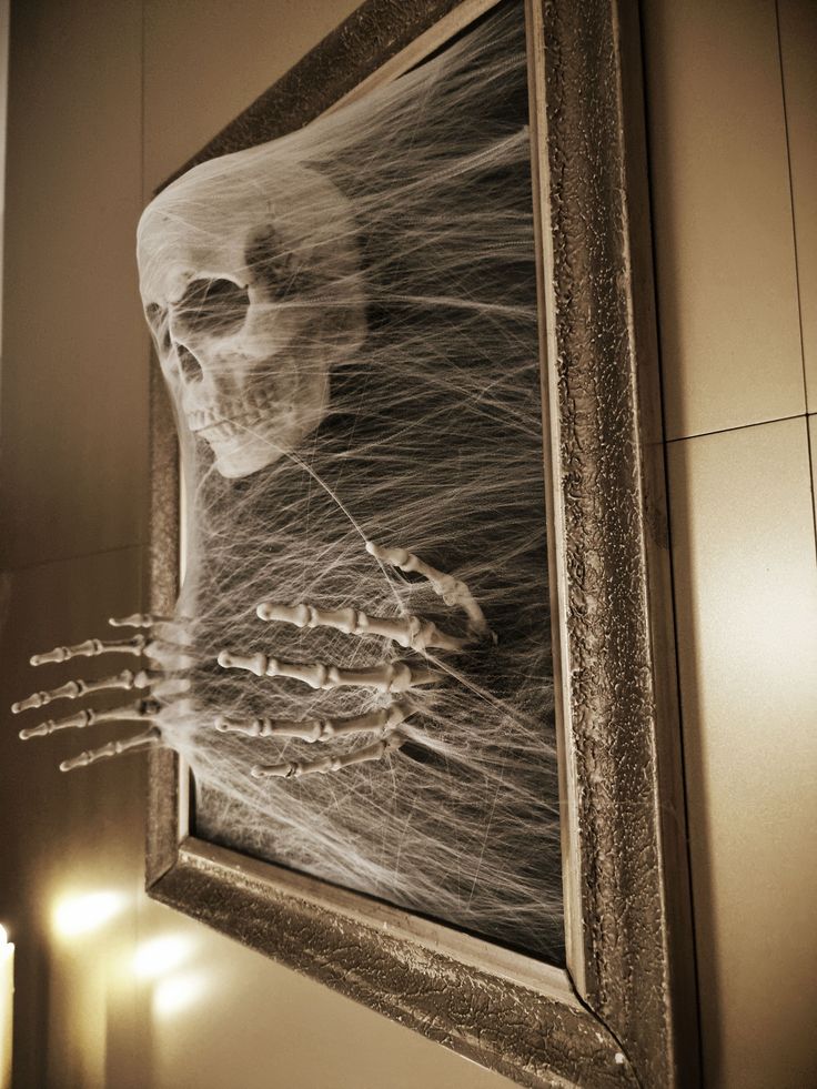 a skeleton is hanging on the wall in front of a framed photograph with long hair